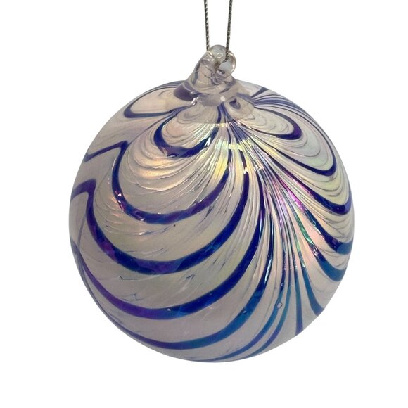 Handblown Glass Friendship Ball Ornament Blue Iridescent Swirl 4 Inch - Picture 1 of 8